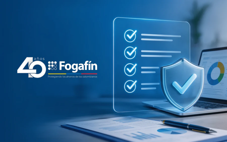 Logo de Fogafín junto a una lista de verificación y un escudo que representan la protección del Seguro de Depósitos